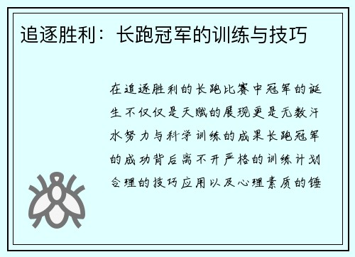 追逐胜利：长跑冠军的训练与技巧